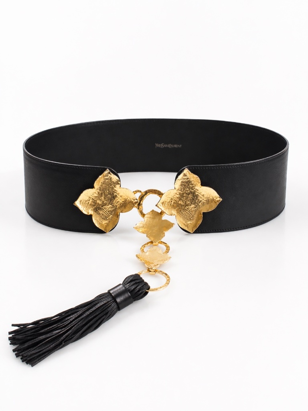 Yves Saint Laurent 2000s Black Leather Belt with Gold Leaf Buckle